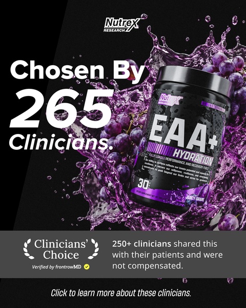 A high-contrast visual showcasing the EAA+ Hydration product amidst a purple grape-themed splash, emphasizing that 265 clinicians recommended the product without compensation.